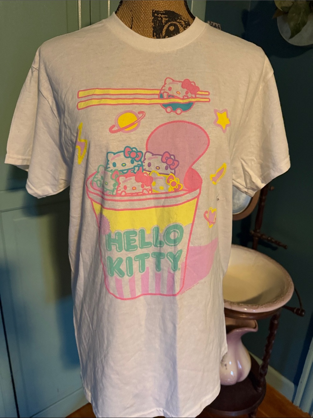 Hello Kitty White Tee with Pink, Yellow & Aqua Pop Graphic